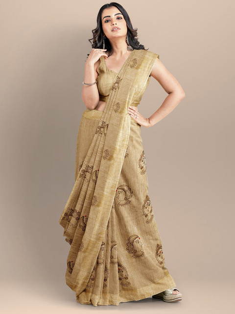 

BharatSthali Beige Kalamkari Embroidered Silk Cotton Maheshwari Saree