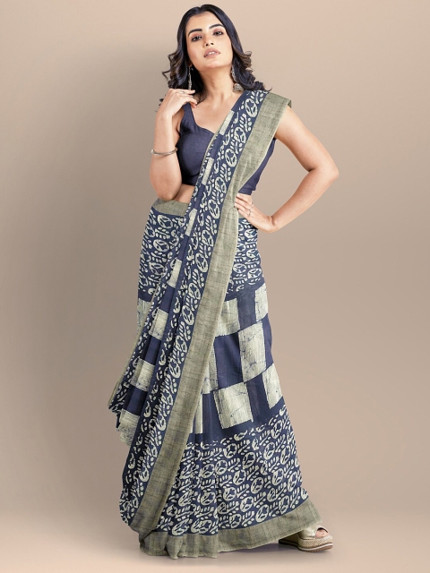 

BharatSthali Navy Blue & Off White Batik Silk Cotton Venkatgiri Saree