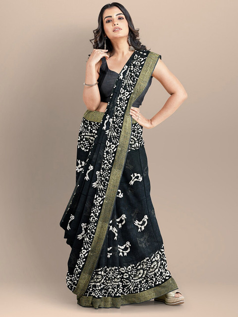 

BharatSthali Black & White Batik Printed Pure Cotton Venkatagiri Saree