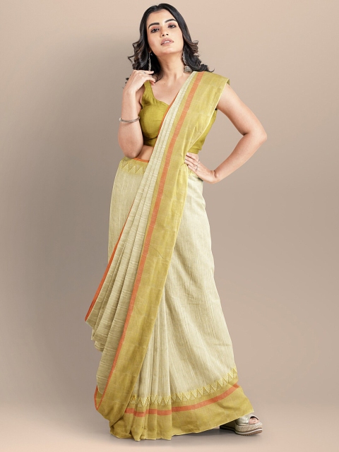 

BharatSthali Cream-Coloured & Grey Woven Design Maheshwari Pure Cotton Saree