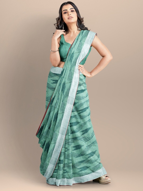 

BharatSthali Green & Grey Printed Zari Pure Cotton Ikat Saree