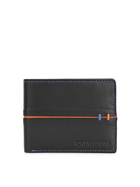 

Calvadoss Men Black & Orange Striped Leather Two Fold Wallet
