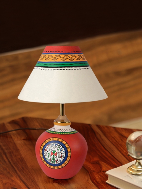 

ExclusiveLane Red & White Terracotta Hand-painted Warli Matki Lamp with Lamp Shade