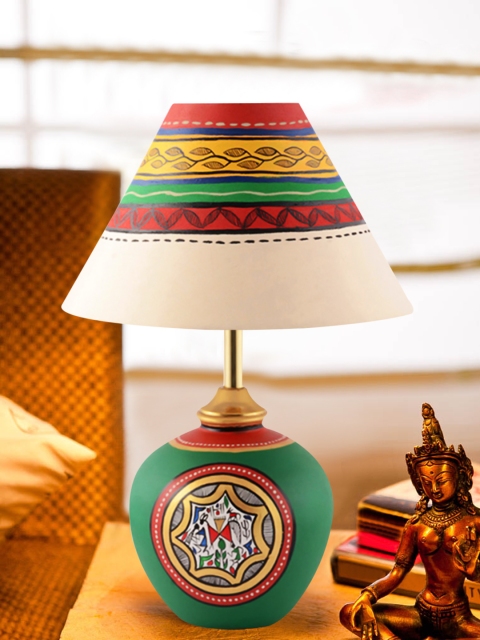 

ExclusiveLane Green & White Terracotta Hand-painted Warli Matki Lamp with Lamp Shade