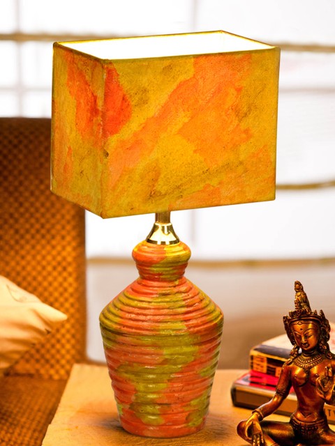 

ExclusiveLane Orange & Yellow Terracotta Hand-painted Lamp with Lamp Shade