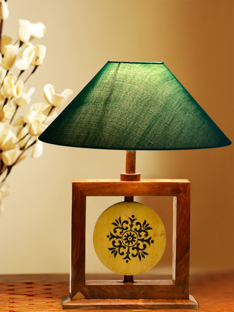 

ExclusiveLane Green & Brown Hand-painted & Engraved Sheesham Wooden Lamp with Lamp Shade
