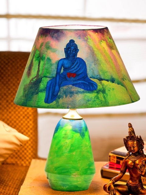 

ExclusiveLane Green & Blue Buddha Hand-painted Terracotta Lamp with Lamp Shade