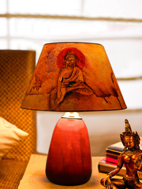 

ExclusiveLane Yellow & Red Buddha Hand-painted Terracotta Lamp with Lamp Shade