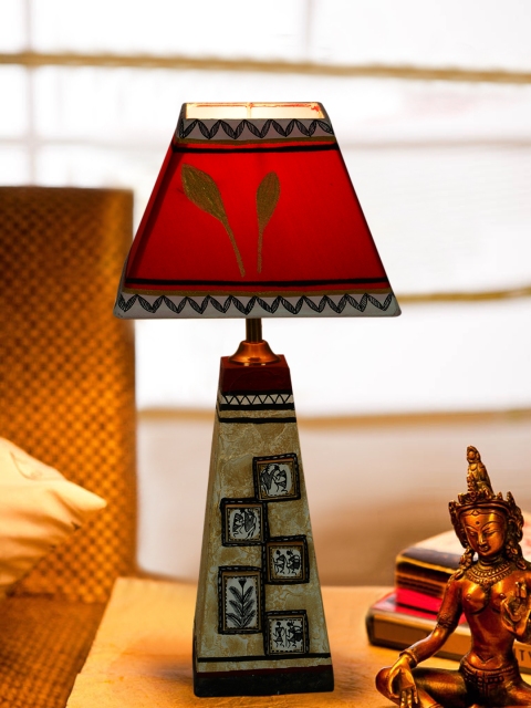 

ExclusiveLane Beige & Red Printed Wooden Lamp with Lamp Shade