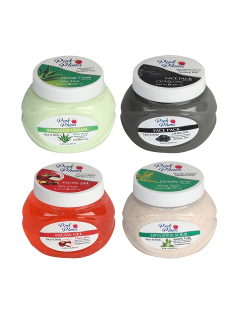 

Pink Plums Set of 4 Facial Kit - Massage Creams - Face Pack - Gel & Scrub, Multi