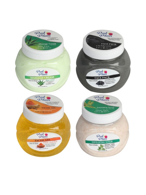

Pink Plums Set of 4 Facial Kit - Massage Creams - Face Pack - Gel & Scrub, Multi