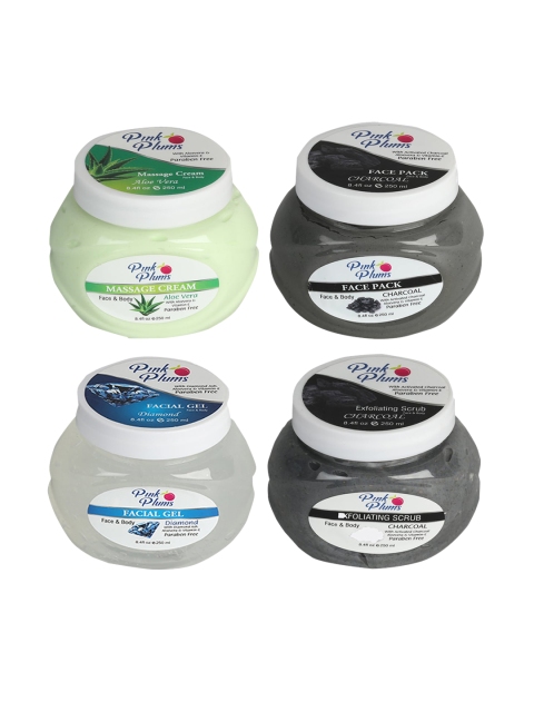 

Pink Plums Set of 4 Facial Kit - Massage Creams - Face Pack - Gel & Scrub, Multi