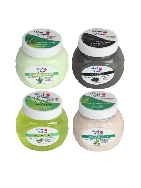 

Pink Plums Set of 4 Facial Kit - Massage Creams - Face Pack - Gel & Scrub, Multi