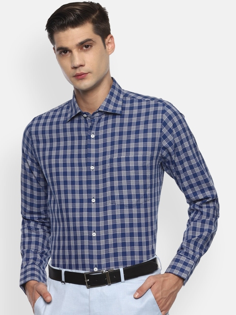 

Van Heusen Men Navy Blue & White Slim Fit Opaque Checked Pure Cotton Formal Shirt