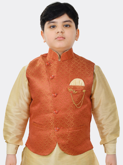 

SG YUVRAJ Boys Orange Woven Design Satin Nehru Jacket