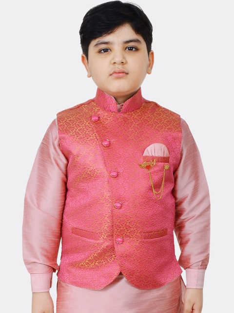 

SG YUVRAJ Boys Pink & Beige Woven Design Satin Nehru Jacket
