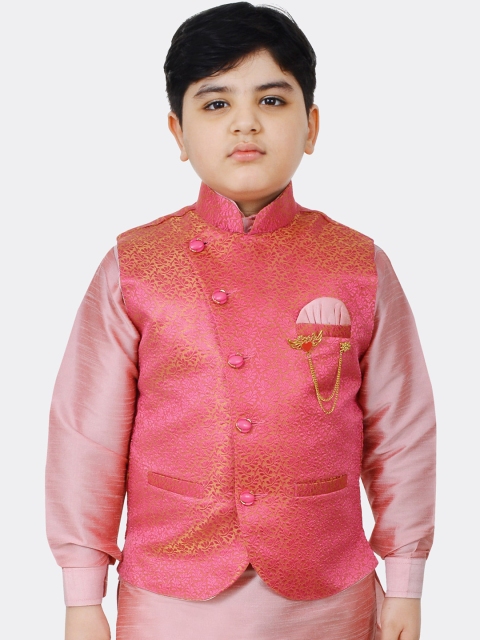 

SG YUVRAJ Boys Pink & Beige Woven Design Satin Nehru Jacket