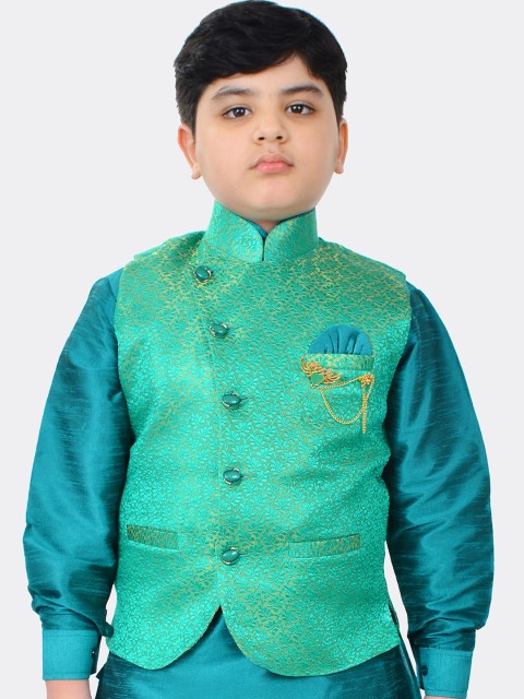 

SG YUVRAJ Boys Green & Beige Woven Design Satin Nehru Jacket