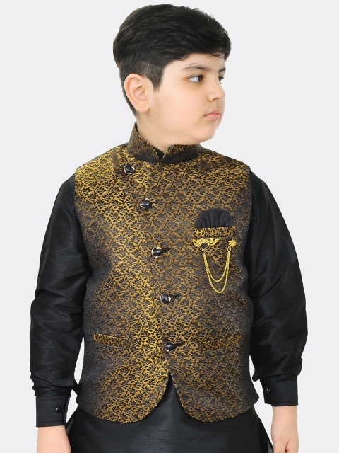 

SG YUVRAJ Boys Black & Yellow Woven Design Satin Nehru Jacket