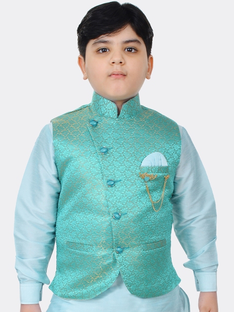 

SG YUVRAJ Boys Turquoise Blue & Beige Woven Design Satin Nehru Jacket