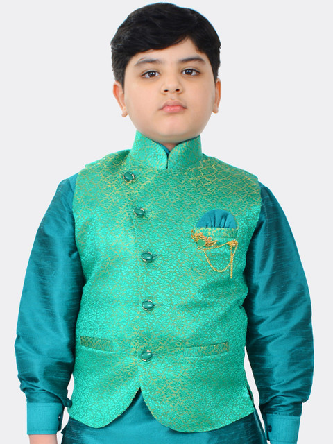 

SG YUVRAJ Boys Green & Yellow Woven Design Satin Nehru Jacket