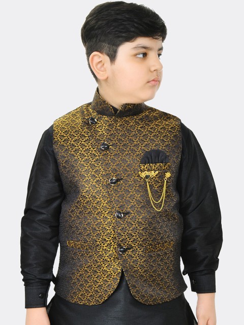 

SG YUVRAJ Boys Black & Yellow Woven Design Satin Nehru Jacket