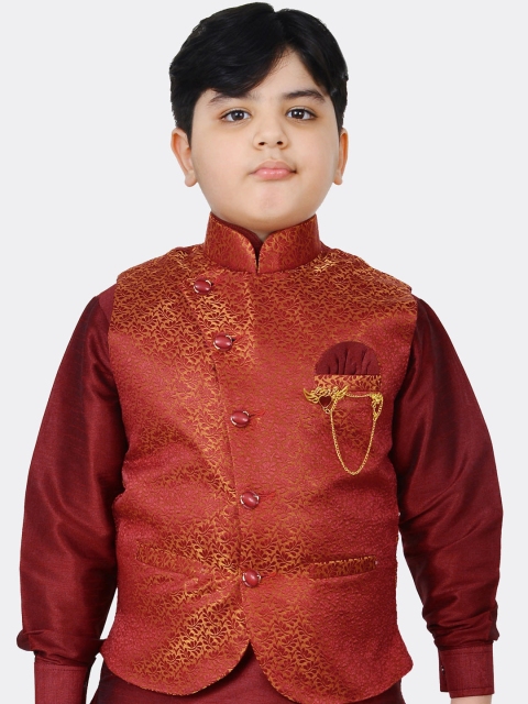 

SG YUVRAJ Boys Maroon & Yellow Woven Design Satin Nehru Jacket