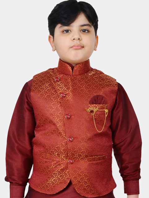 

SG YUVRAJ Boys Maroon & Yellow Woven Design Satin Nehru Jacket