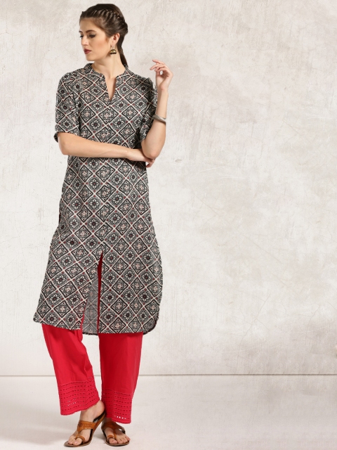 

Anouk Women Black & Beige Printed A-Line Kurta