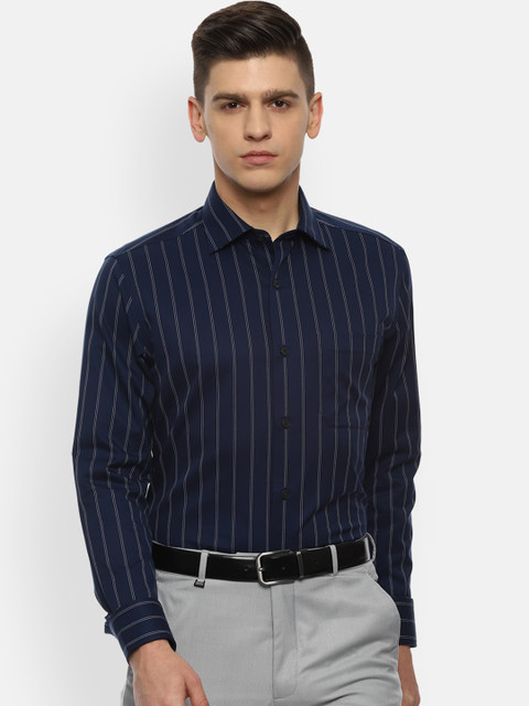 

Louis Philippe Permapress Men Navy Blue Opaque Striped Formal Shirt