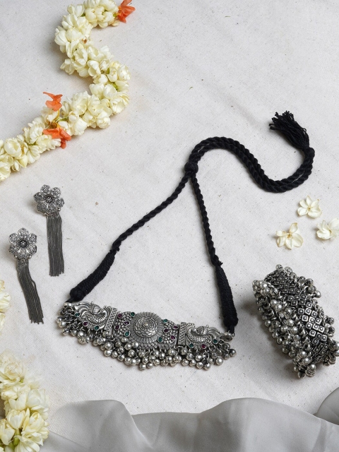 

TEEJH Oxidised Silver-Plated Green & Purple Stone-Studded Jewellery Set