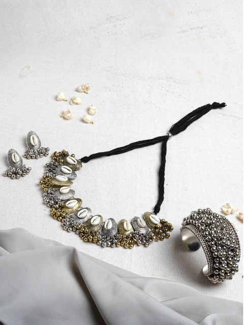 

TEEJH Oxidised Silver-Plated White Shell-Studded Mahek Jewellery Set