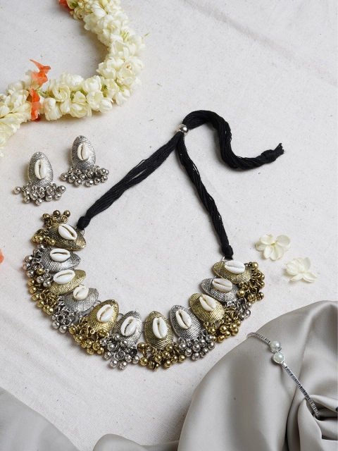 

TEEJH Silver-Plated Oxidised Shell Jewellery Set