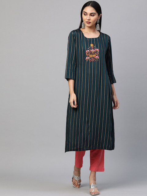 

FASHOR Women Teal Striped Embroidered Mirror Work Kurta