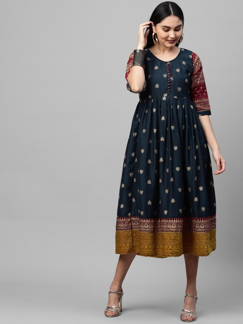

FASHOR Navy Blue & Gold-Toned Ethnic Motifs Foil Printed Satin Ethnic A-Line Midi Dress