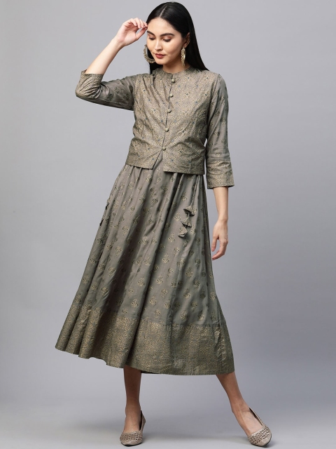 

FASHOR Taupe Ethnic Motifs Ethnic A-Line Midi Dress