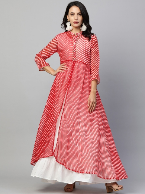

FASHOR Red Leheriya Printed Layered Georgette Ethnic Maxi Dress