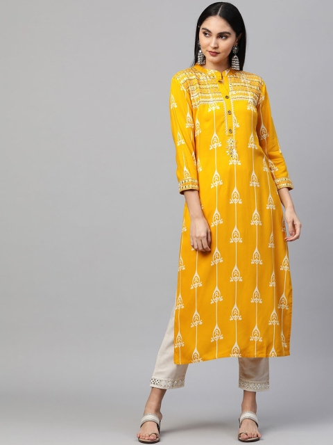 

FASHOR Women Mustard Yellow Ethnic Motifs Printed Mirror Work Kurta