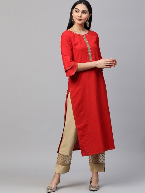 

FASHOR Women Red Solid Embroidered Straight Kurta