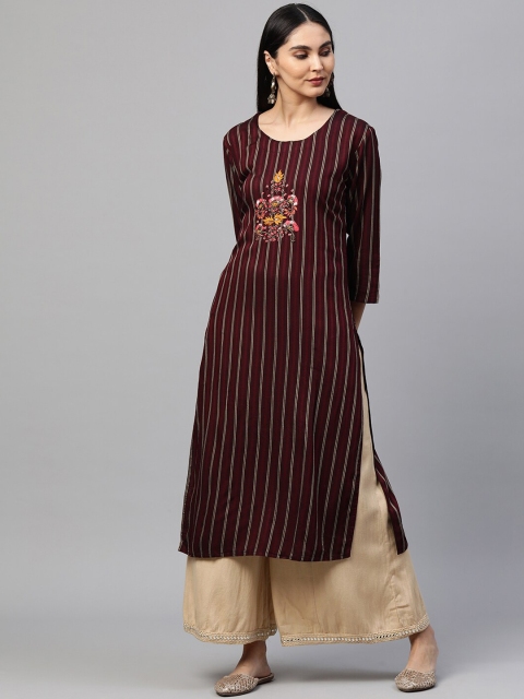 

FASHOR Women Burgundy Striped Thread Work Kurta