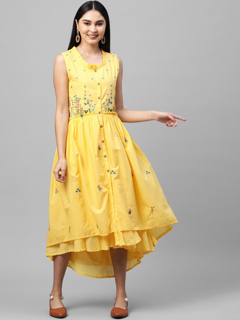 

FASHOR Yellow Floral Embroidered Fit & Flare Midi Dress