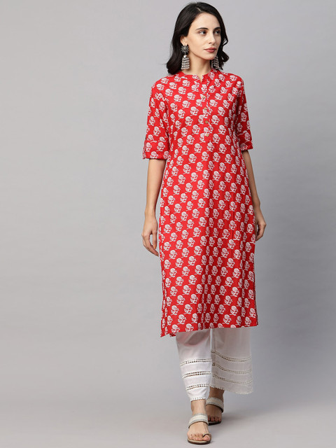 

FASHOR Women Red & White Ethnic Motifs Printed Kurta