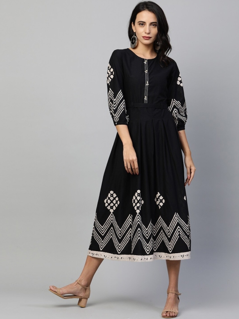 

FASHOR Black Ethnic Motifs Ethnic A-Line Midi Dress