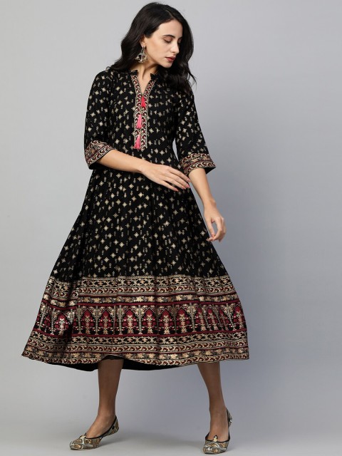 

FASHOR Black Ethnic Motifs Ethnic A-Line Midi Dress