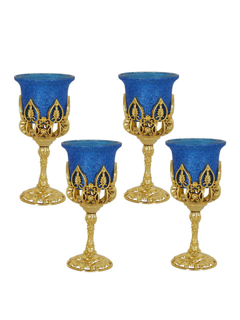 

TIED RIBBONS Set of 4 Blue, Gold Diwali Decoration Tealight Stand Candle Holder with Candles