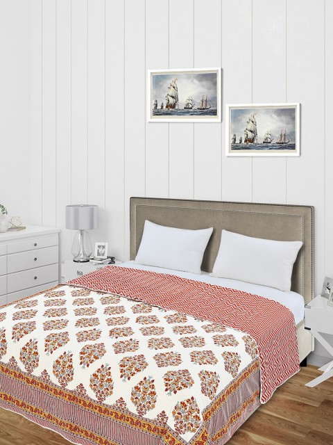 

Salona Bichona White & Orange Ethnic Motifs AC Room 120 GSM Double Bed Dohar