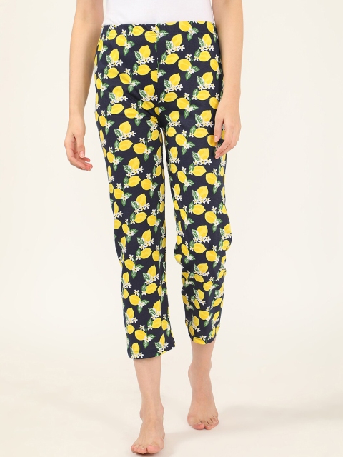 

V2 Value & Variety Women Black & Yellow Printed Cropped Cotton Lounge Pants