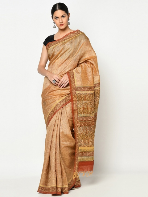 

Fabindia Mustard Yellow & Brown Silk Blend Block Print Saree