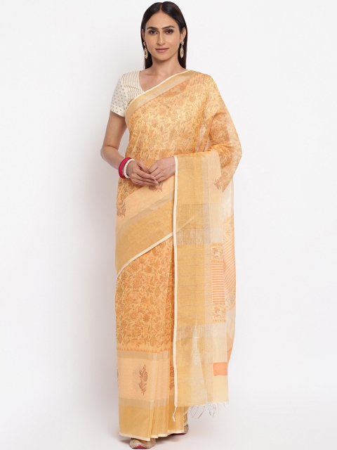 

Fabindia Yellow & Green Floral Maheshwari Saree