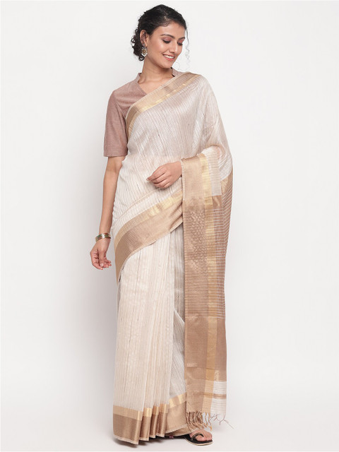 

Fabindia Beige & White Striped Zari Saree